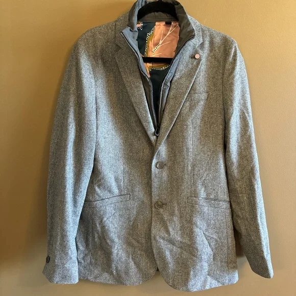 Ted Baker Gray Herringbone Notched Lapel Blazer Jacket Size 2 - Picture 5 of 9